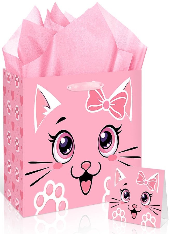 Woosytoo Pink Cat Gift Bag Cute Cat Birthday Gift Bag with Tissue Paper and Card Funny Meow Kitty Wrapping Paper Kawaii Heart Paw Print Gift Bags for Girls Kids Pets Cats Birthday Baby Shower Party Decor - Image 1